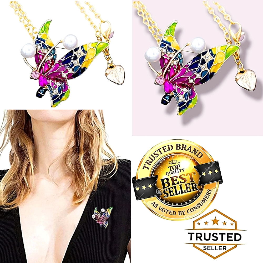 18K gold plated crystal pearl Pink yellow-green blue butterfly necklace/brooch